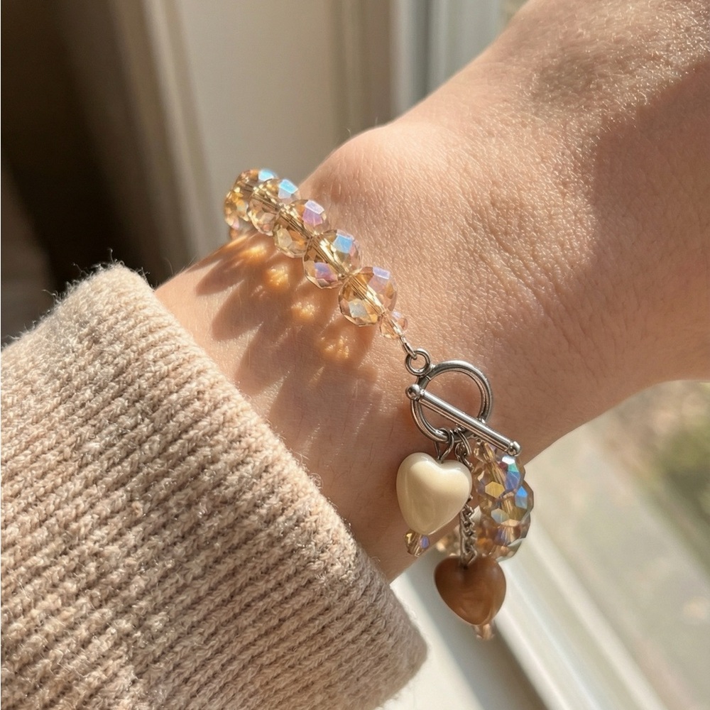 Elegant Gold Beaded Bracelet with Heart Charms